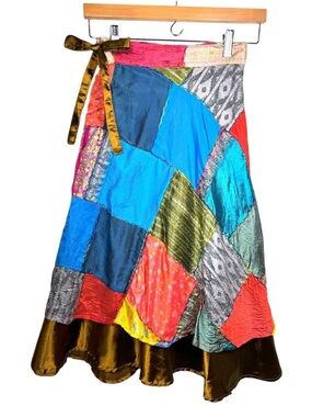 100% SILK Patchwork Wrap Midi Skirt L-XL Adjustable Gypsy Bohemian Boho
Festival
